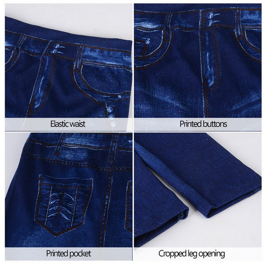 Seamless Faux Denim Print Sexy Hollow Leggings